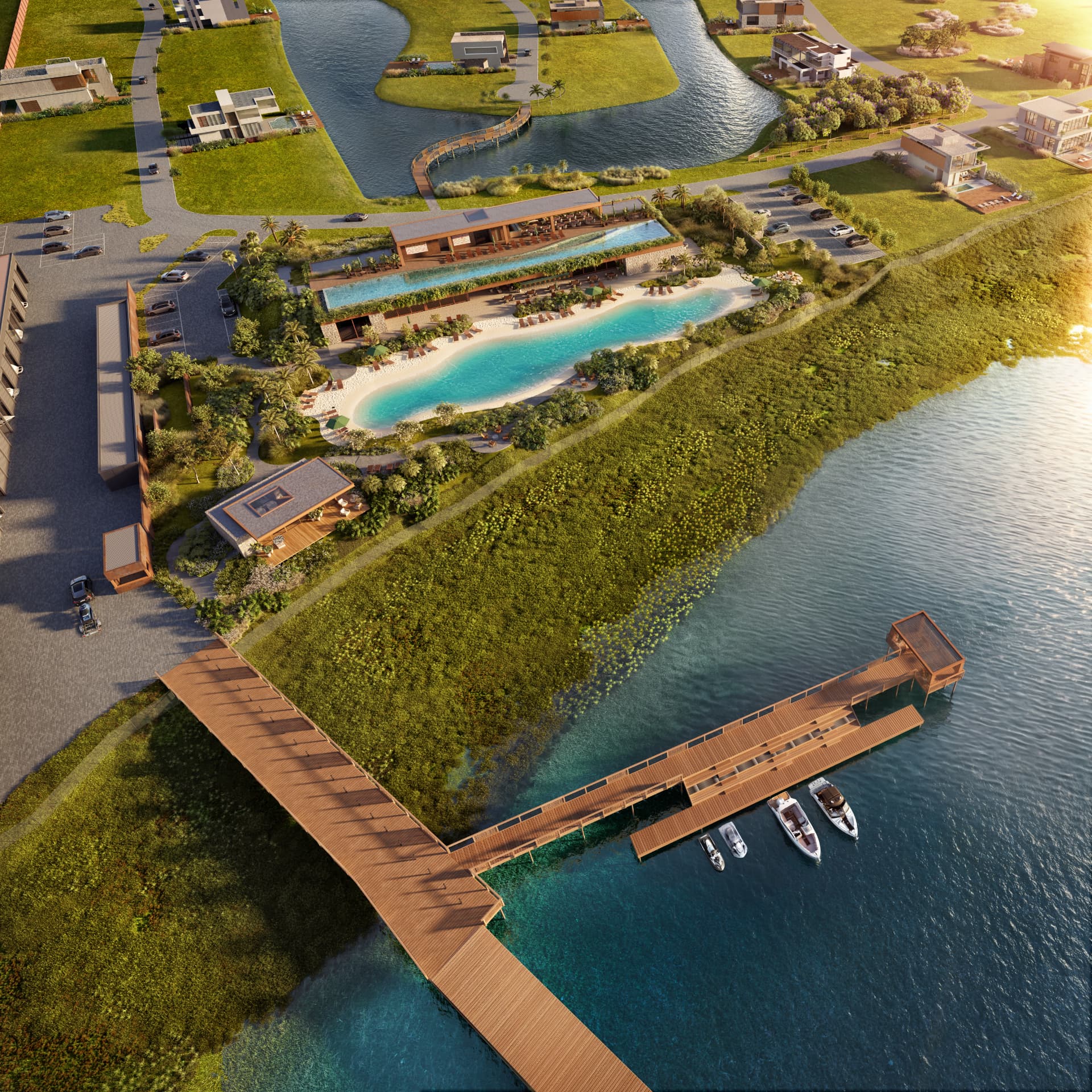 Clube com lagoa e praia